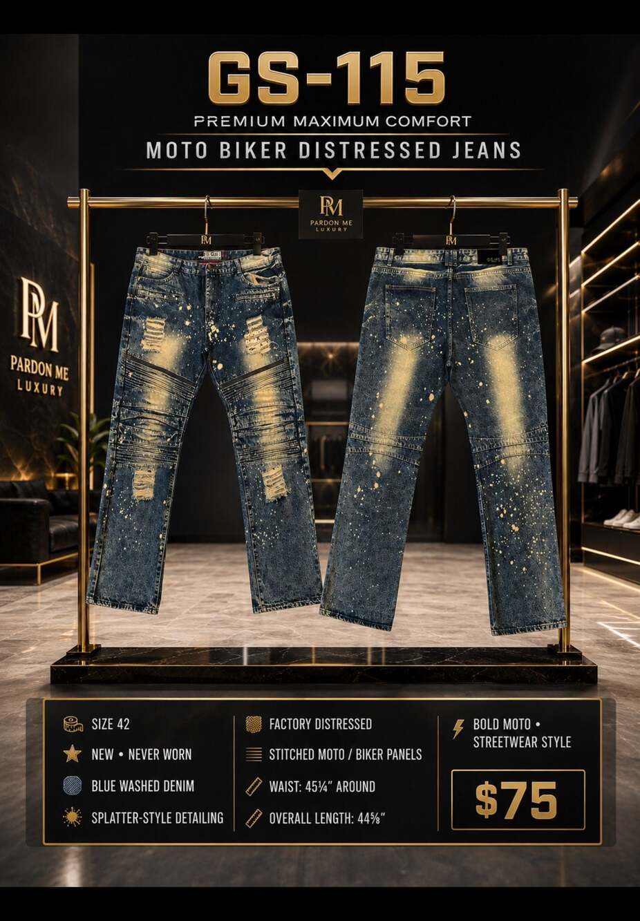 GS-115 Premium Maximum Comfort Blue Distressed Moto Biker Paint-Splatter Jeans